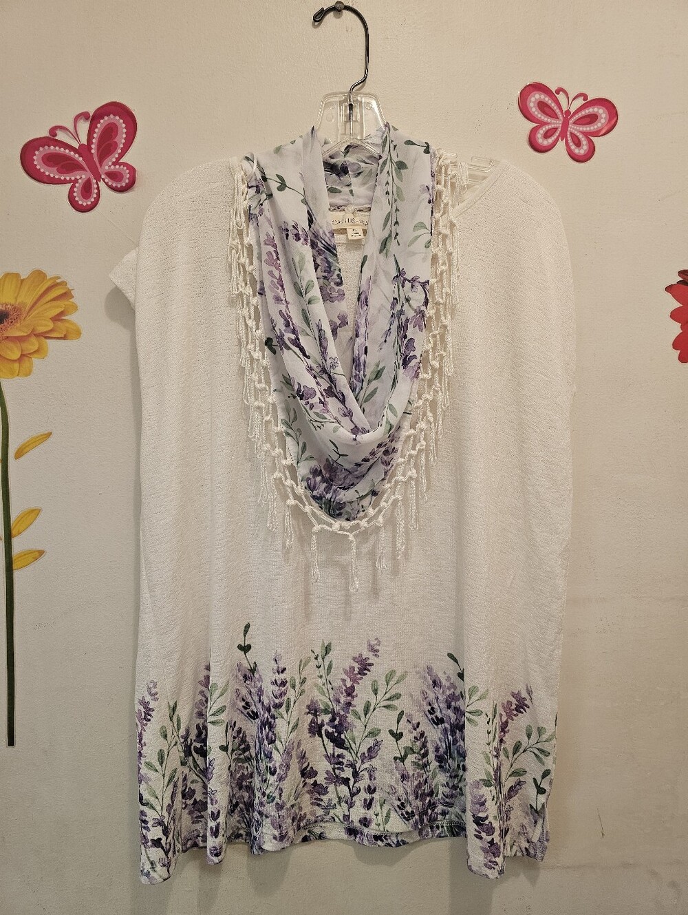 Cactus + Pearl XL Lavender Floral Top w/ Matching Fringe Infinity Scarf